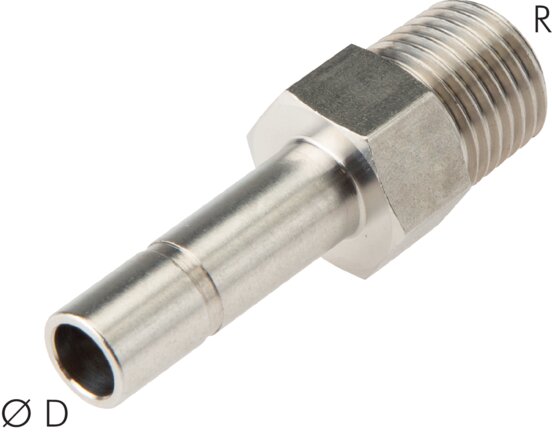 Exemplary representation: Push-in connection screw-in spout with conical thread, stainless steel